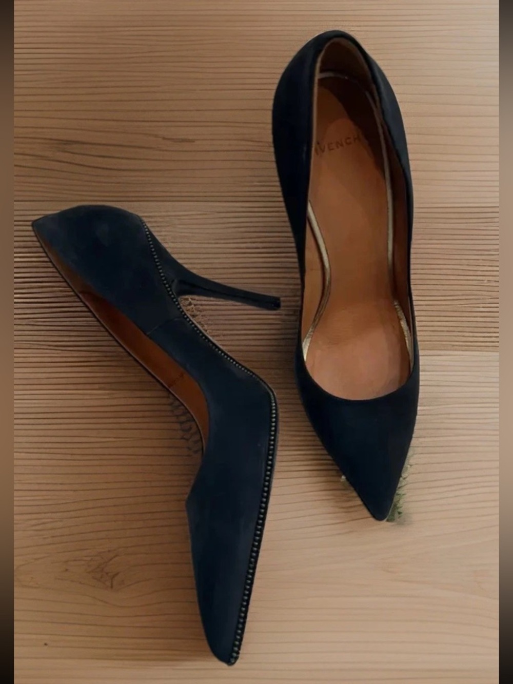 Givenchy Women’s Blue Black‎ Suede Leather Bronze Zipper Pointed Pump Heel 38